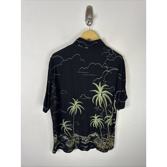 Tori Richard 56 Hawaiian Shirt L Black Palm Tree Scenic Viscose Made in USA - Picture 3 of 5